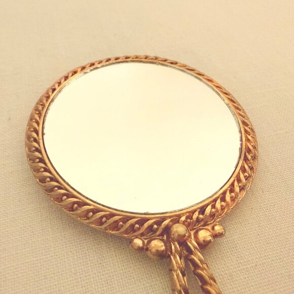 Antique Gold Hand Mirror Small Embroidered Rose Design Early 1900s Heirloom Vani - Picture 9 of 10